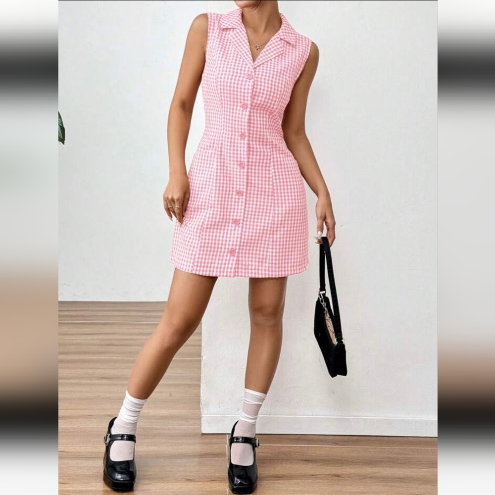 🌈 Shein Pink Gingham Sleeveless Collared Button Up Mini Dress with Pockets